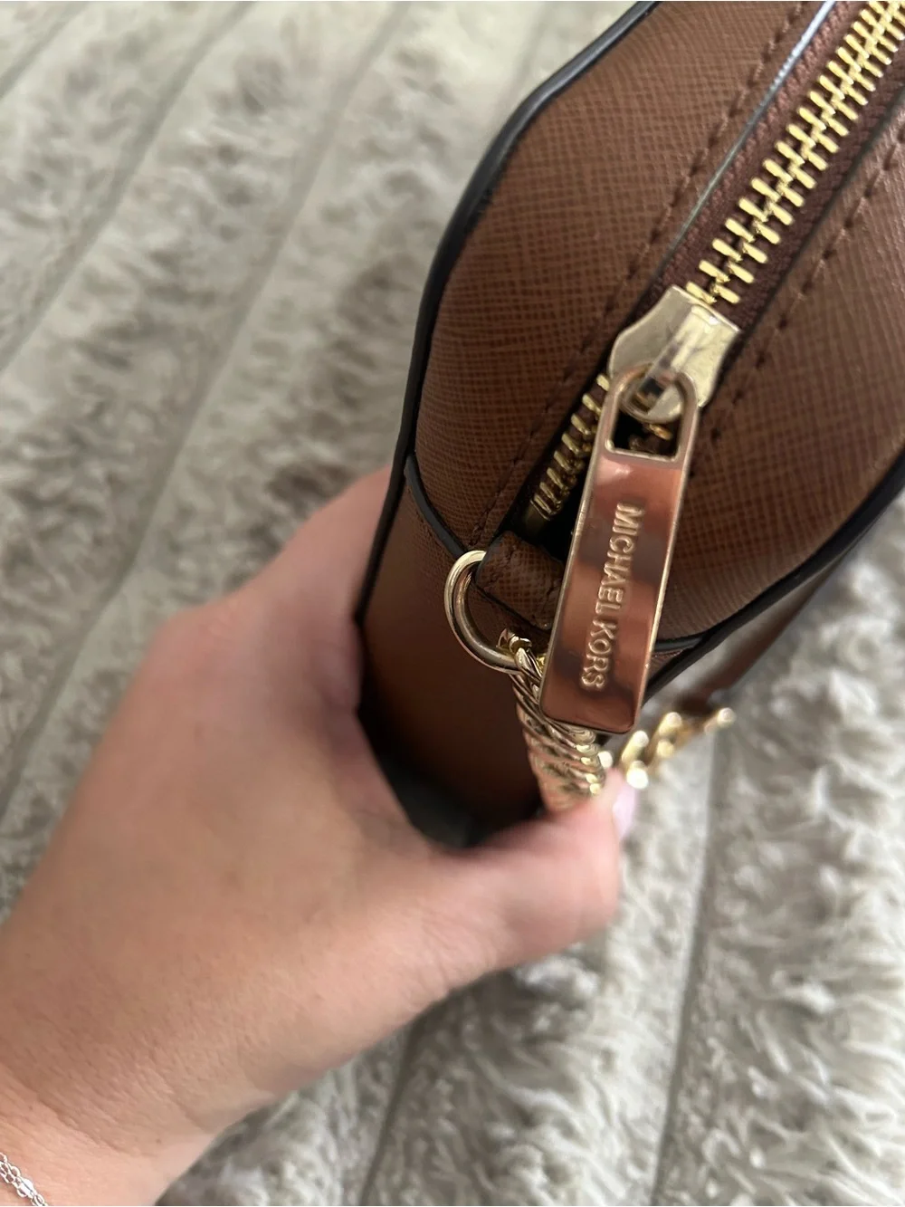 Michael Kors Jet Set Travel Large Saffiano Leather Crossbody Brown Gold